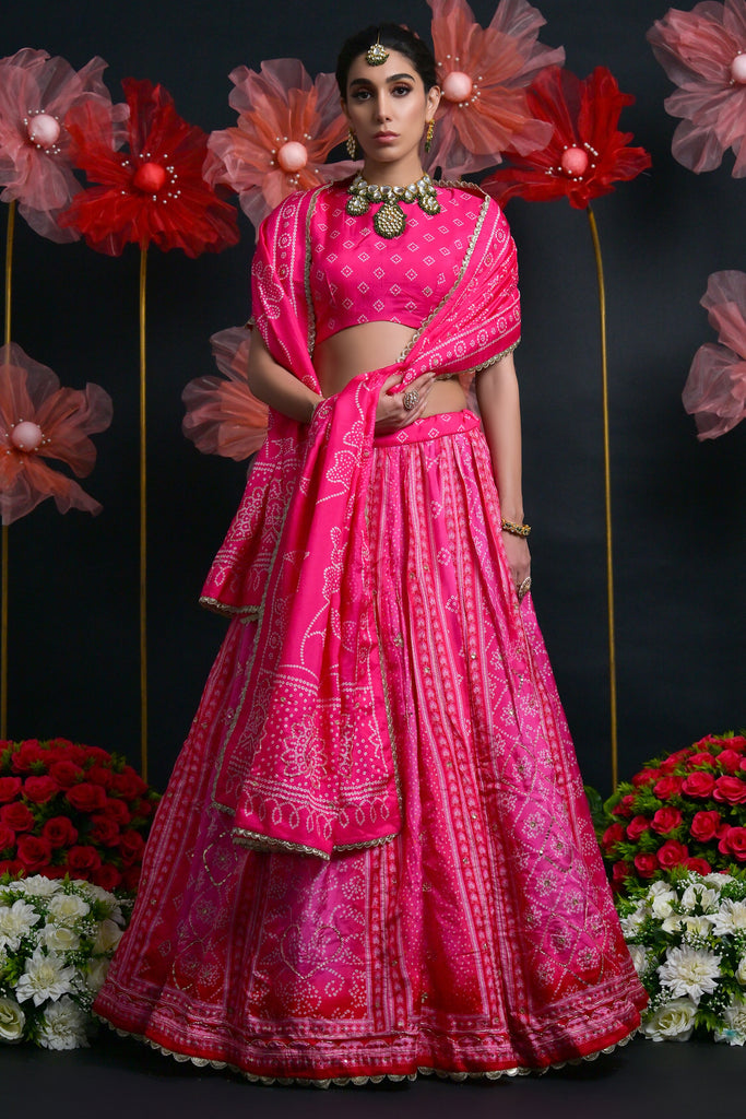 Lovely Pink Bandhani Printed Silk Wedding Wear Lehenga Choli