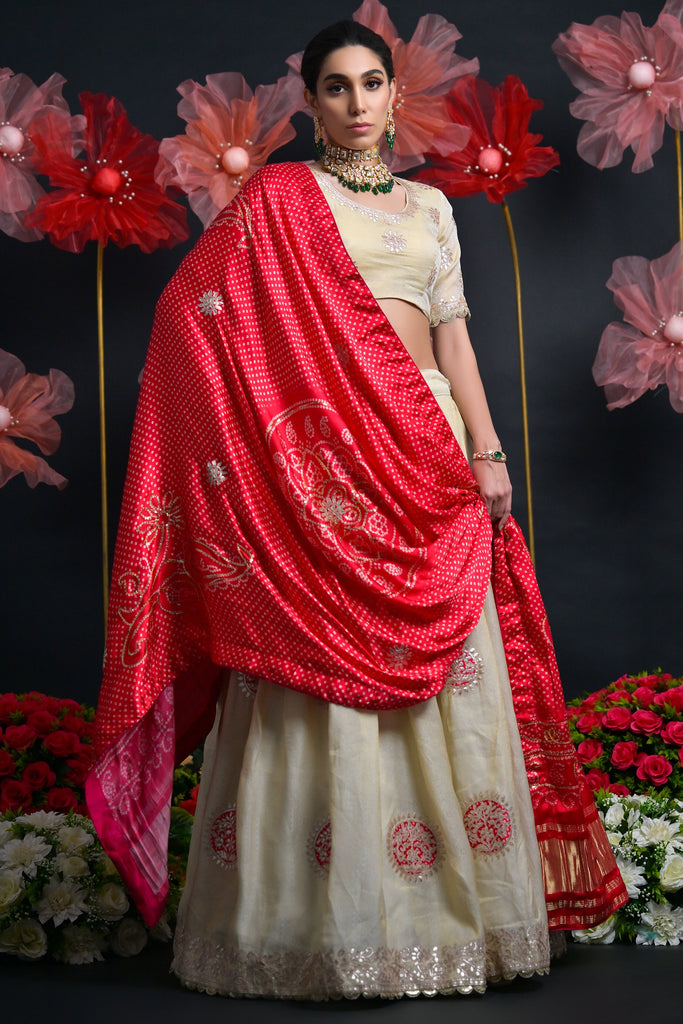 Adorable Cream Silk Traditional Lehenga Choli With Gaji Silk Dupatta