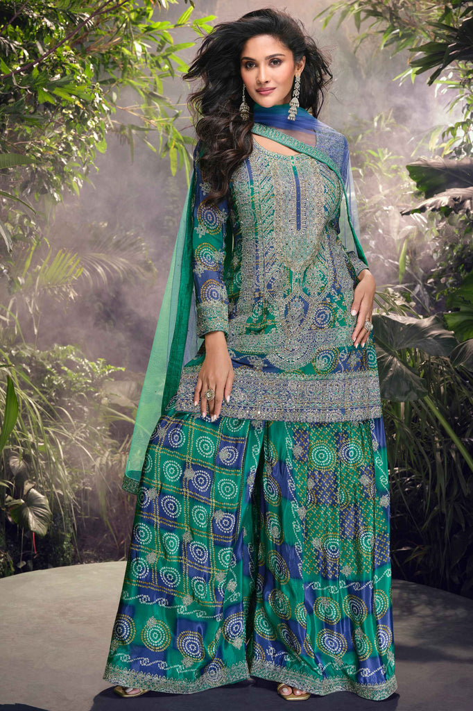 Ravishing Blue Embroidered Chinon Silk Ceremony Wear Palazzo Suit