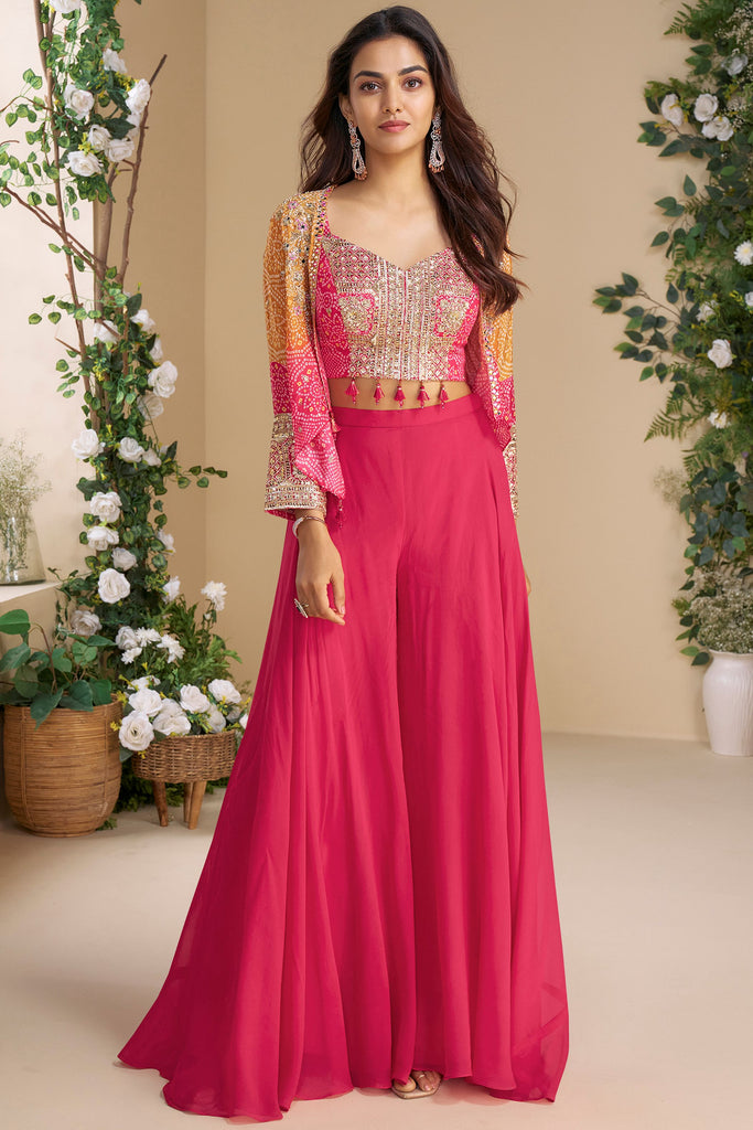 Marvelous Pink Georgette Designer Crop Top Palazzo With Jacket