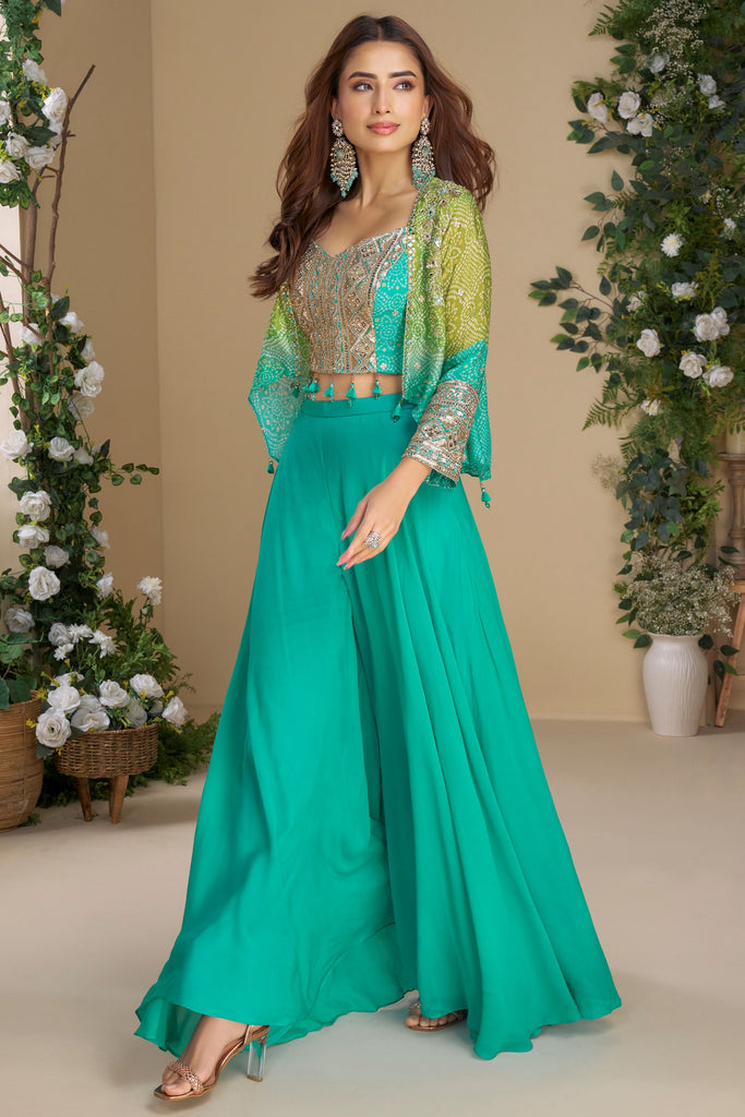 Amazing Sky-Blue Georgette Festival Wear Crop Top Palazzo With Jacket