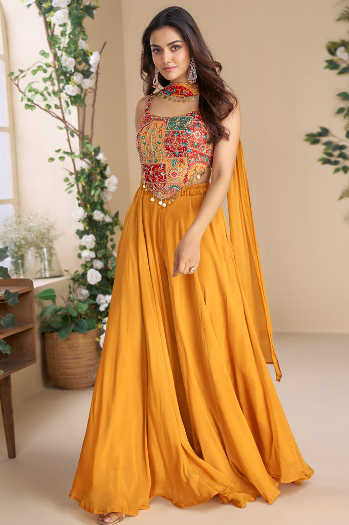 Fantastic Mustard Yellow Georgette Haldi Wear Crop Top Palazzo