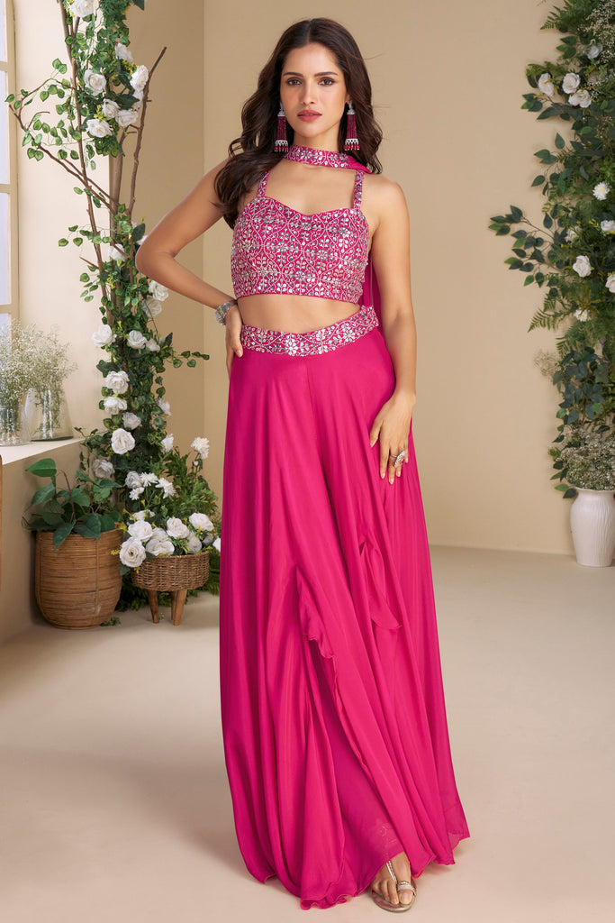 Incredible Rani Pink Georgette Party Wear Crop Top Palazzo With Dupatta