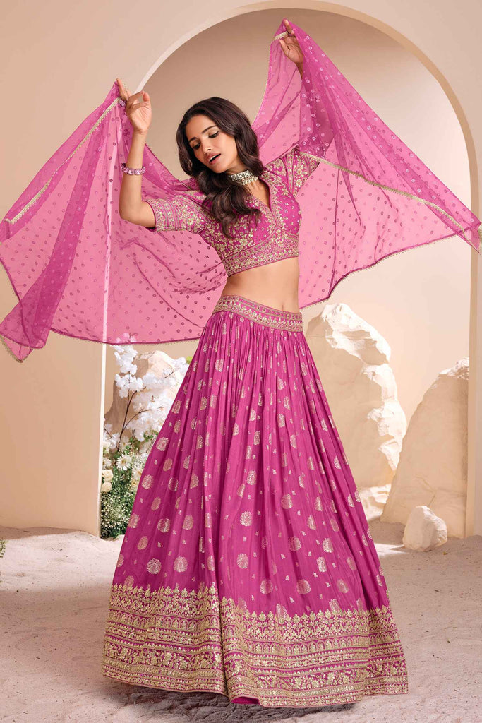 Attractive Pink Zari Weaving Jacquard Wedding Lehenga Choli