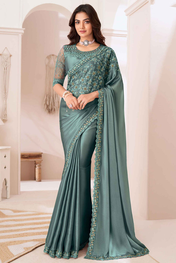 Amazing Dusty Sea Green Heavy Embroidery Georgette Function Wear Saree