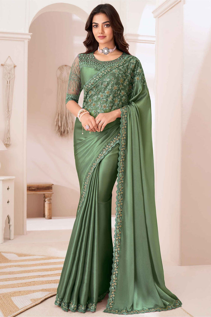 Wonderful Dusty Green Heavy Border Work Georgette Mehendi Wear Saree