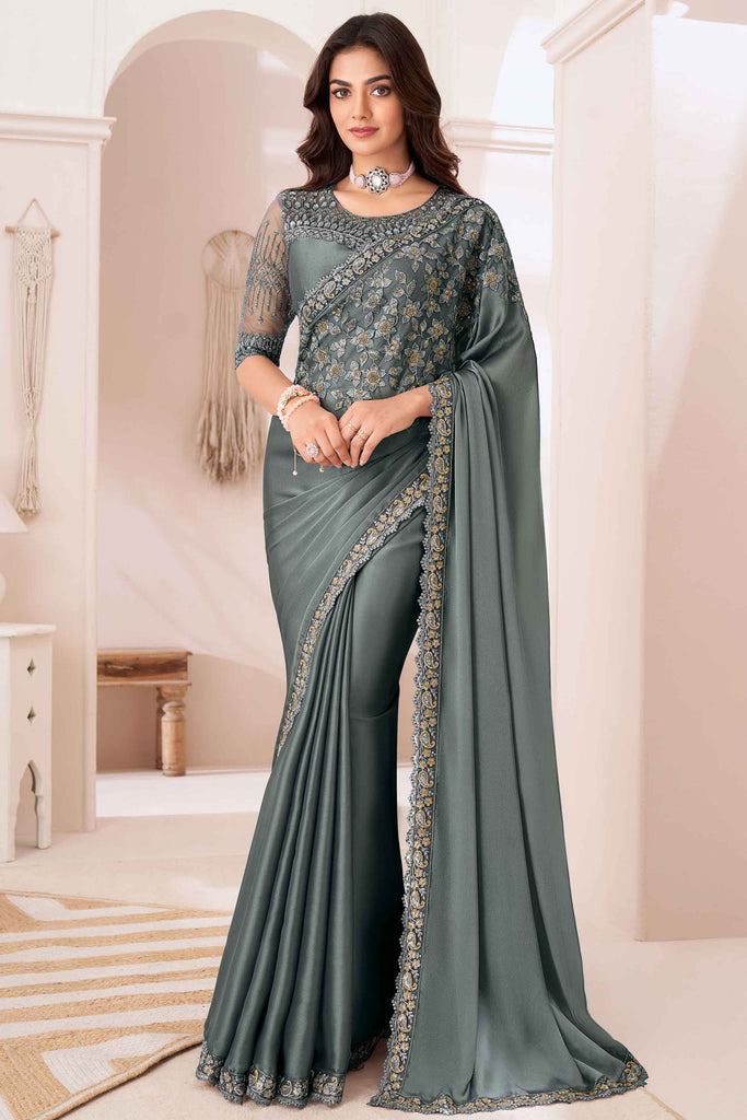 Fascinating Grey Heavy Embroidered Georgette Reception Wear Saree