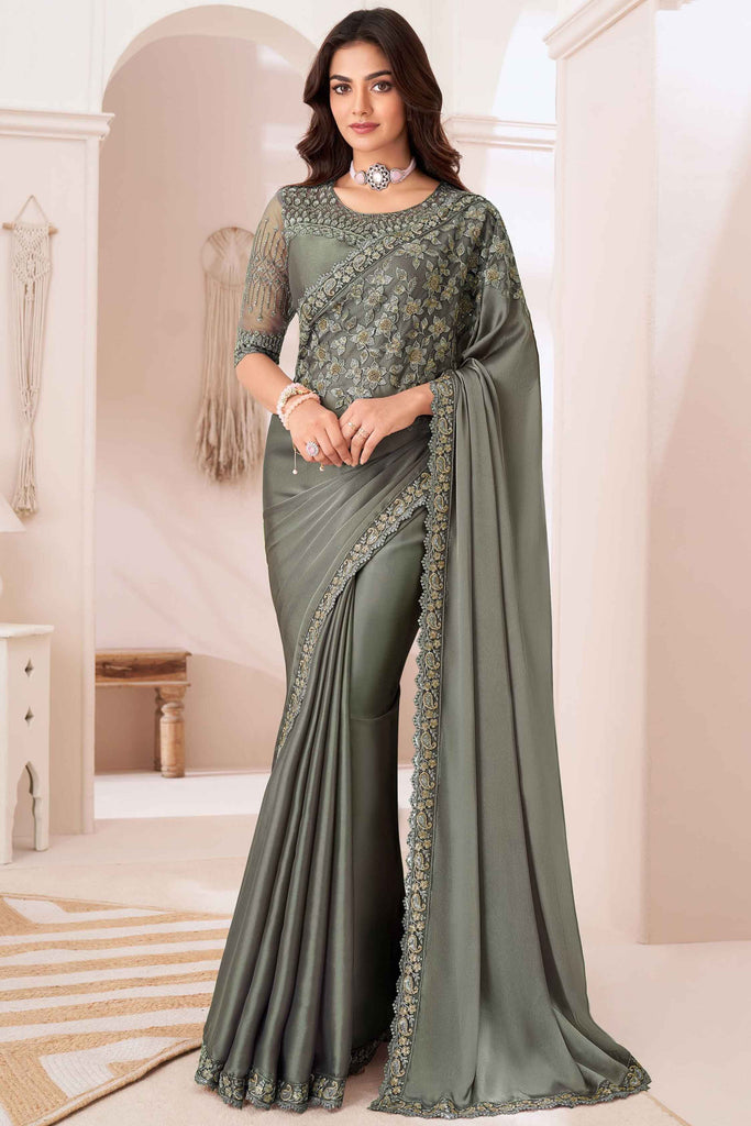 Beautiful Dusty Grey Heavy Border Work Georgette Wedding Wear Saree