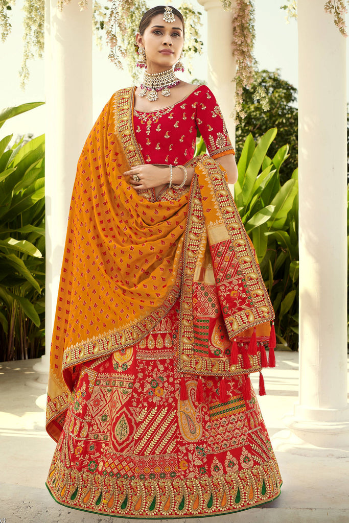 Awesome Red Zari Weaving Silk Bridal Lehenga Choli With Dupatta