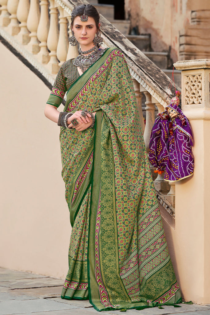 Stunning Green Digital Printed Silk Festival Wear Saree With Blouse