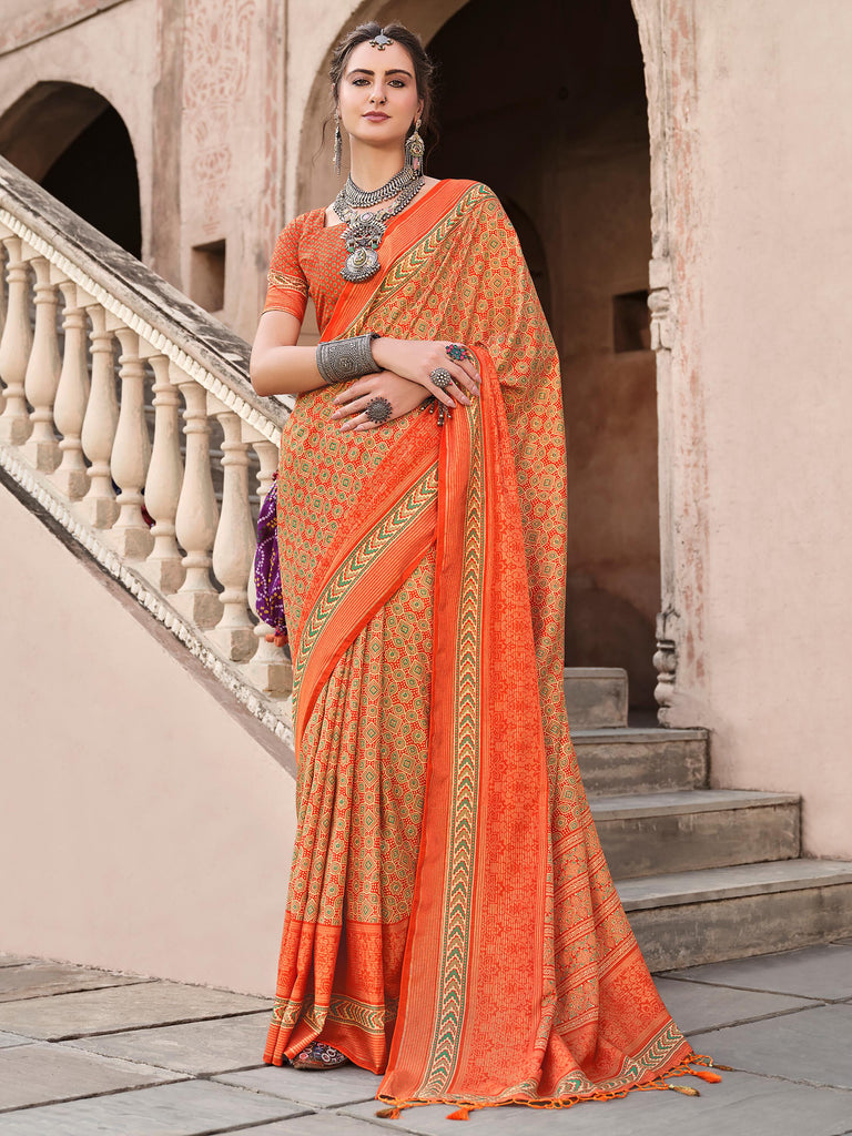 Alluring Orange Digital Printed Silk Event Wear Saree With Blouse