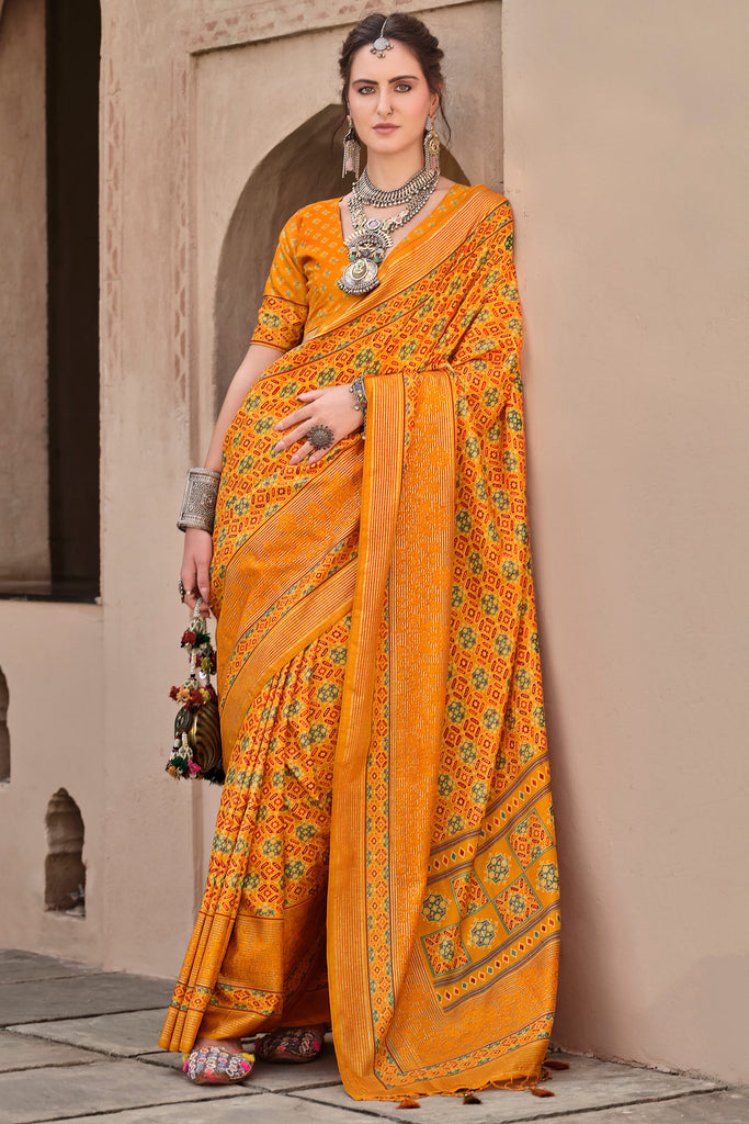 Enchanting Mustard Yellow Printed Silk Haldi Wear Saree With Blouse