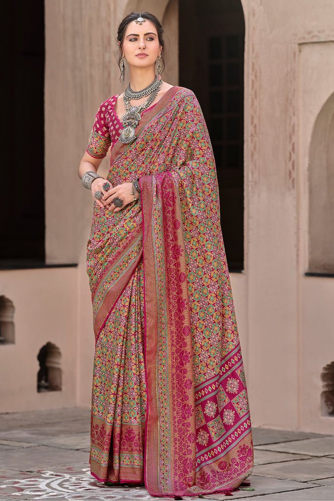 Amazing Pink Digital Printed Silk Event Wear Saree With Blouse