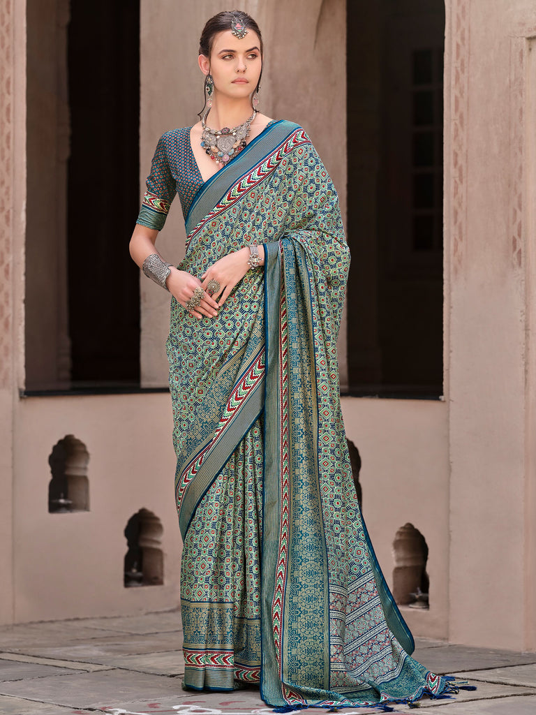 Adorable Teal Blue Printed Silk Festival Wear Saree With Blouse