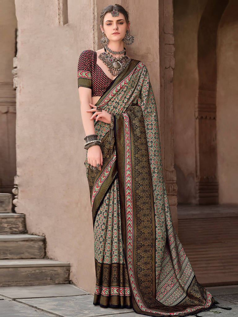 Precious Olive Green Printed Silk Event Wear Saree With Blouse