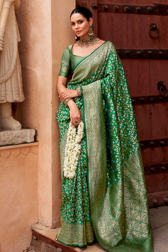 Marvelous Green Zari Weaving Silk Mehendi Wear Saree With Blouse