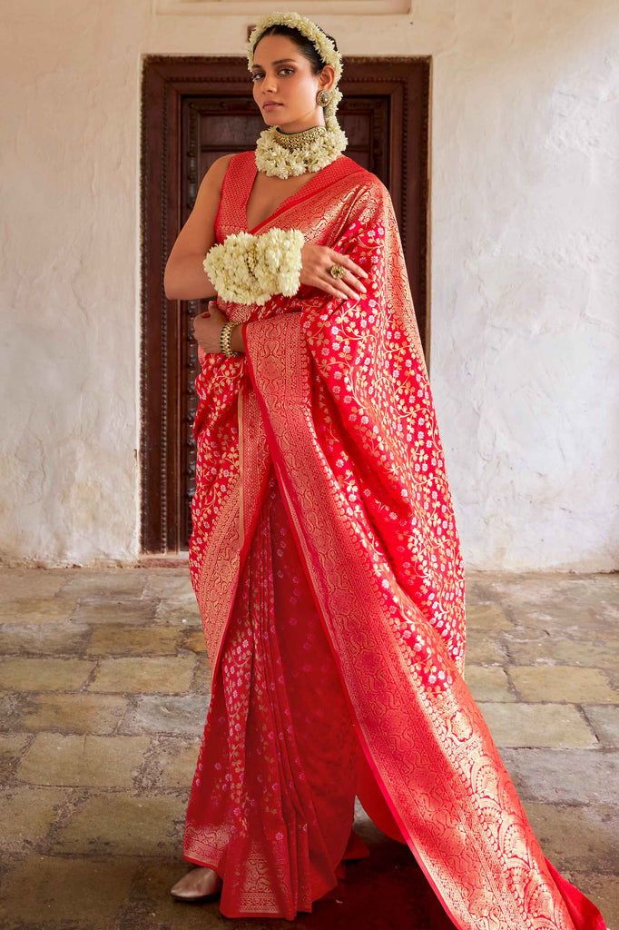 Shocking Red Zari Weaving Silk Festival Wear Saree With Blouse