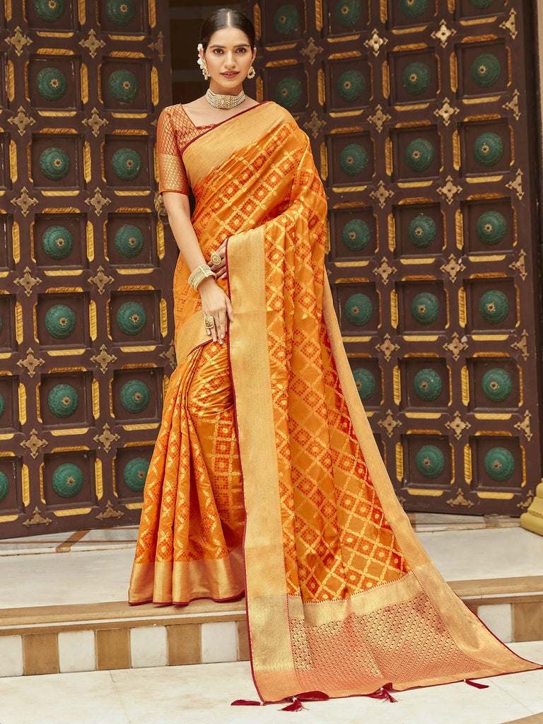 Awesome Orange Zari Weaving Silk Festival Wear Saree With Blouse