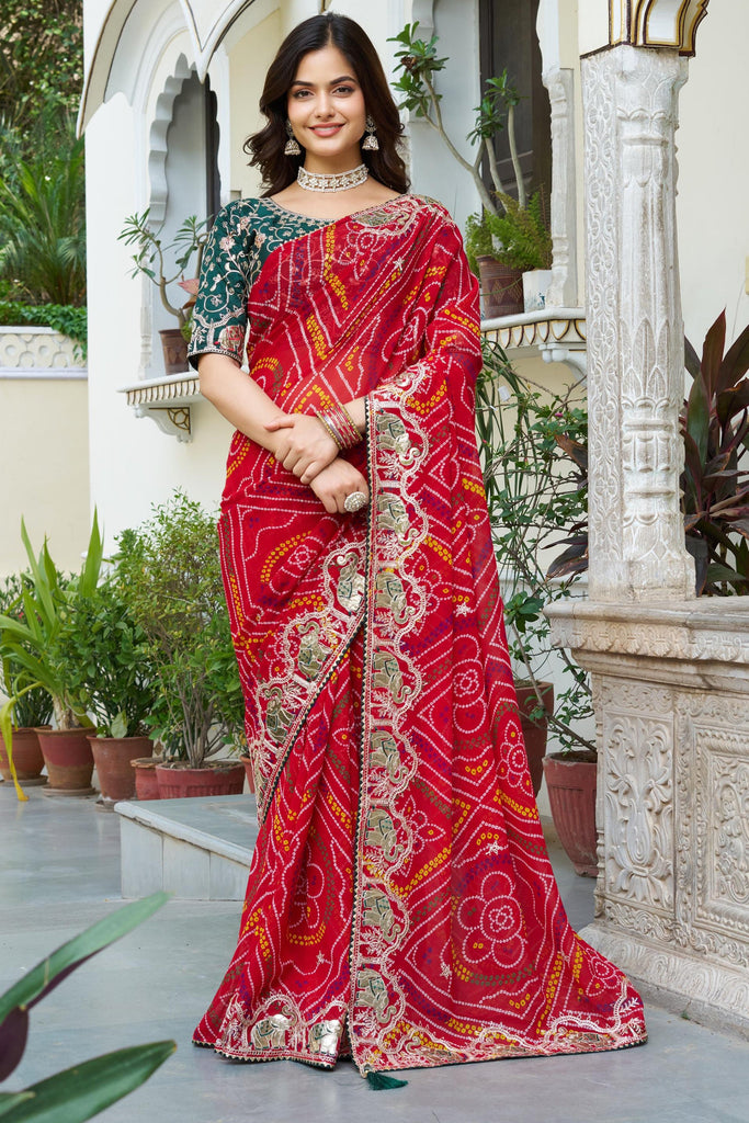Charming Red Bandhani Printed Georgette Wedding Saree With Blouse
