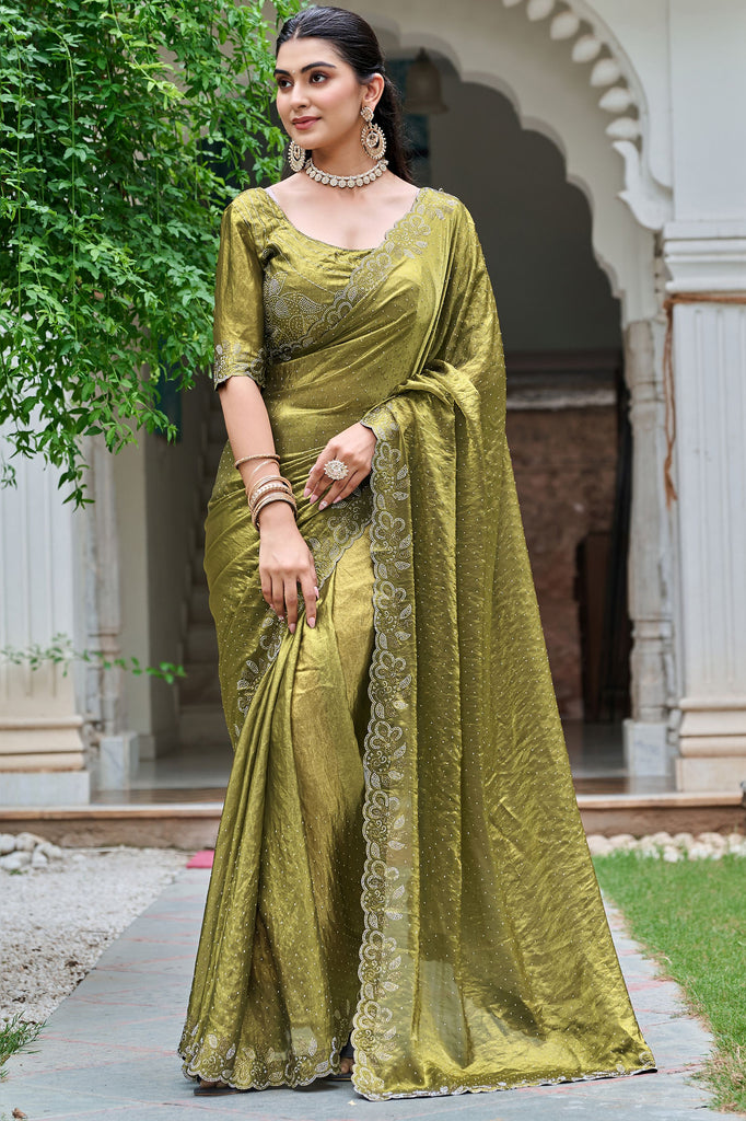Charming Green Diamond Work Silk Wedding Saree With Blouse
