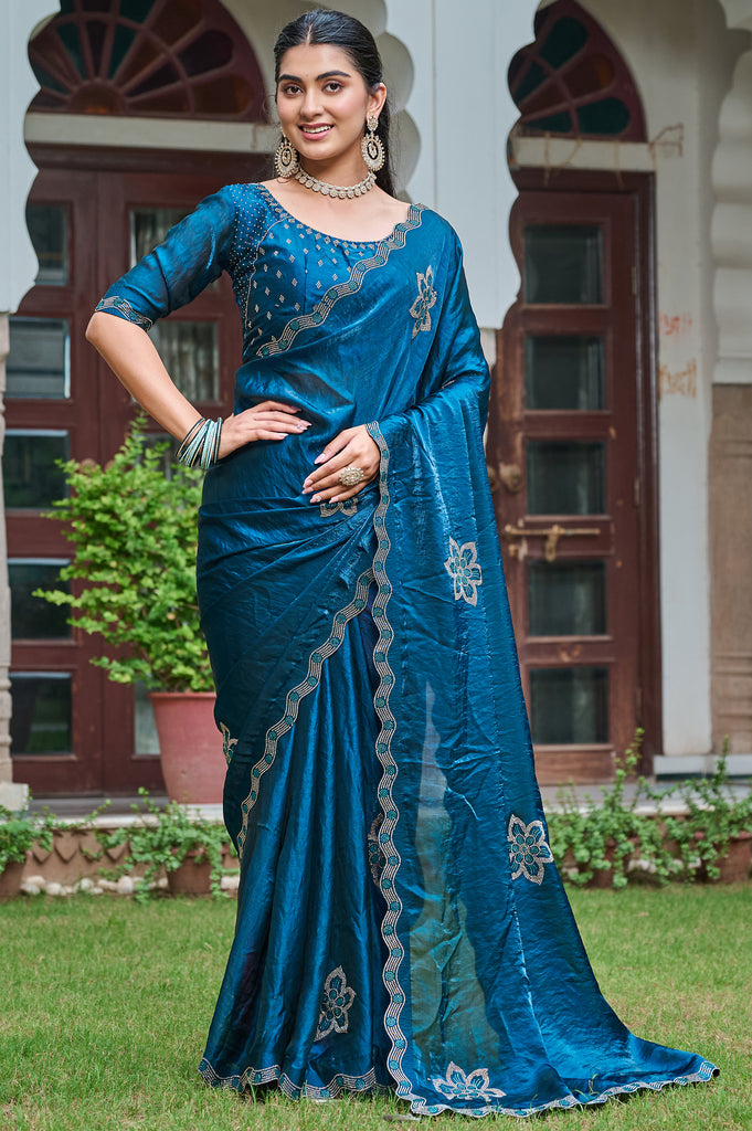 Mesmerizing Teal Blue Silk Diamond Work Festival Wear Saree