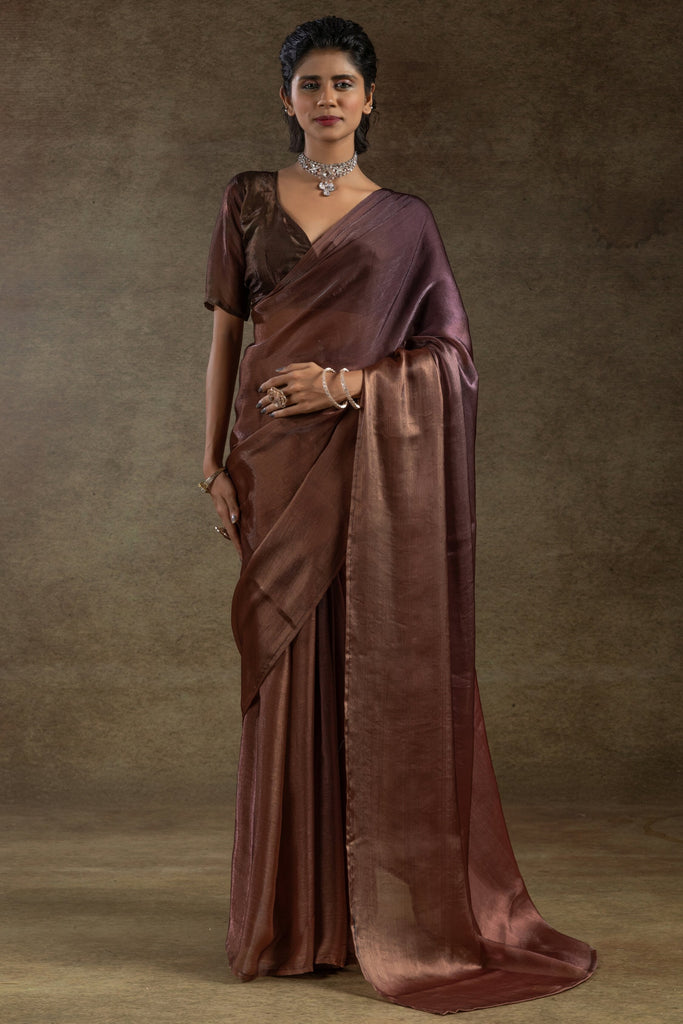 Alluring Dark Brown Plain Shaded Satin Casual Wear Saree With Blouse