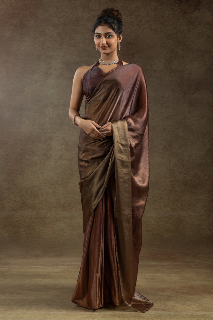 Awesome Brown Plain Shaded Satin Casual Wear Saree With Blouse