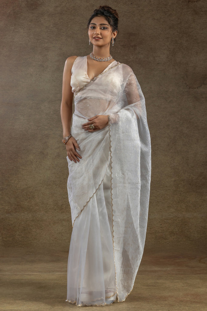 Wonderful White Zari Weaving Organza Function Wear Pre-Stitched Saree