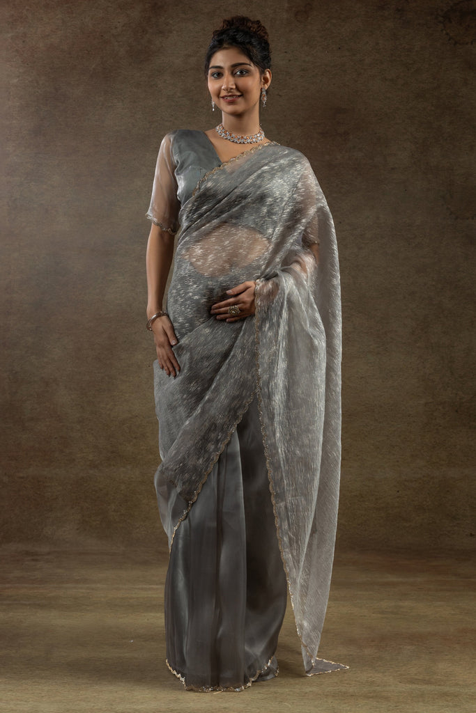 Fantastical Grey Zari Weaving Organza Party Wear Pre-Stitched Saree