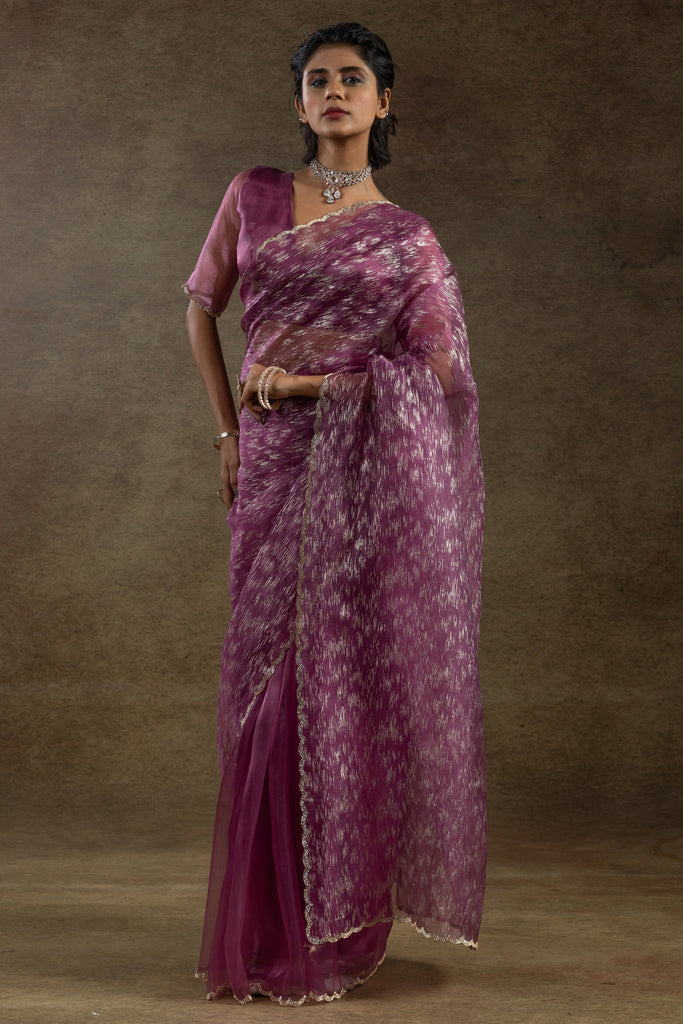 Alluring Purple Zari Weaving Organza Function Wear Pre-Stitched Saree