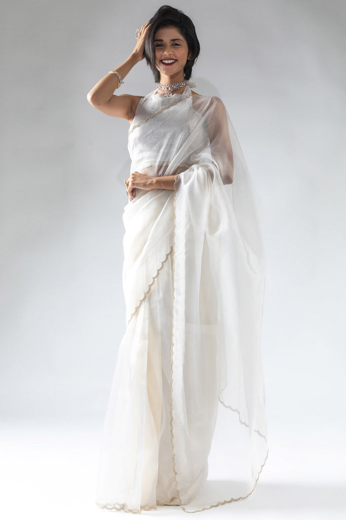 Stunning White Plain Shaded Organza Function Wear Saree With Blouse
