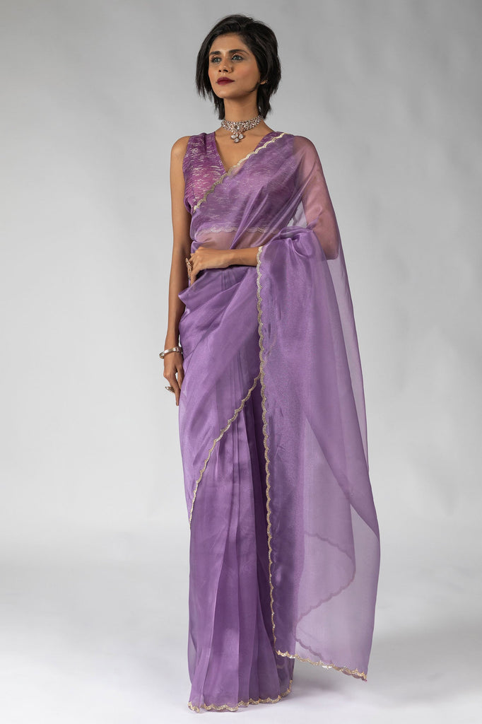 Delightful Lavender Plain Shaded Organza Party Wear Saree With Blouse