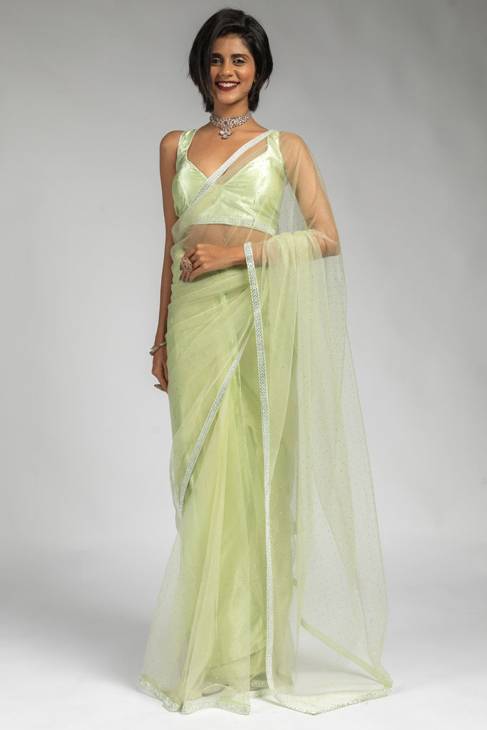Delightful Light-Green Lace Work Net Party Wear Pre-Stitched Saree