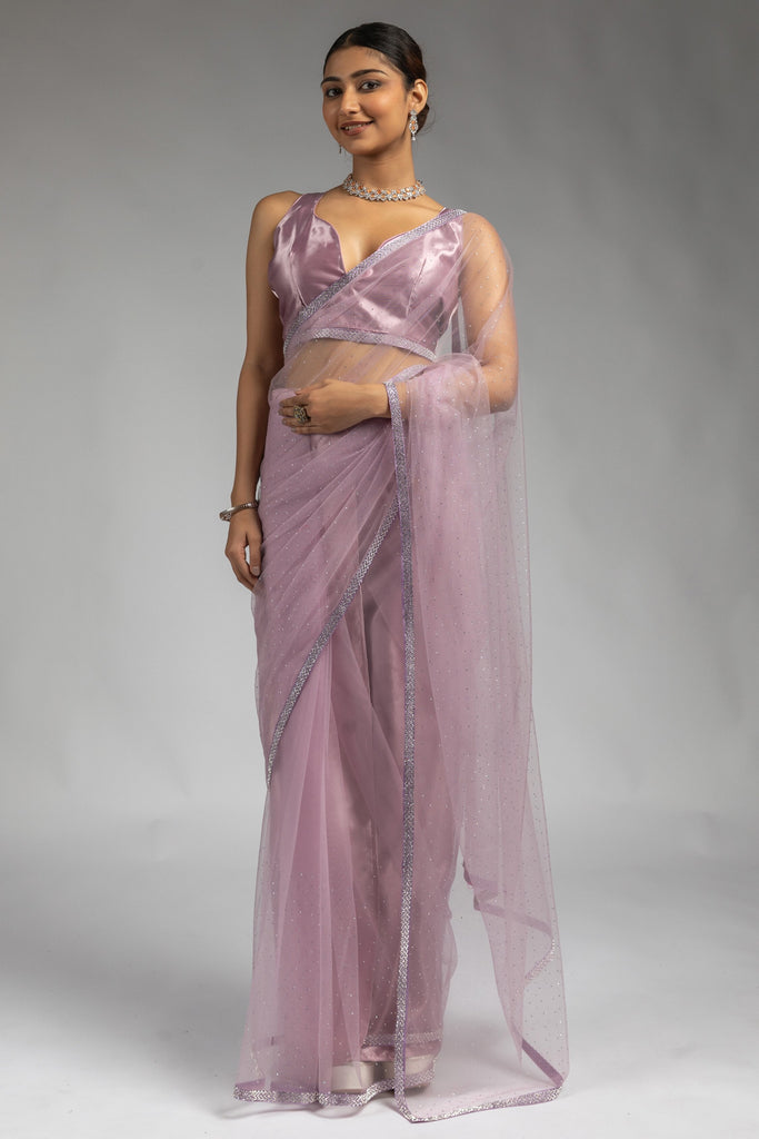 Precious Lilac Color Lace Work Net Function Wear Pre-Stitched Saree