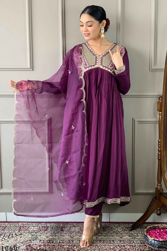 Lovely Purple Thread Work Silk Function Wear Pant Suit With Dupatta