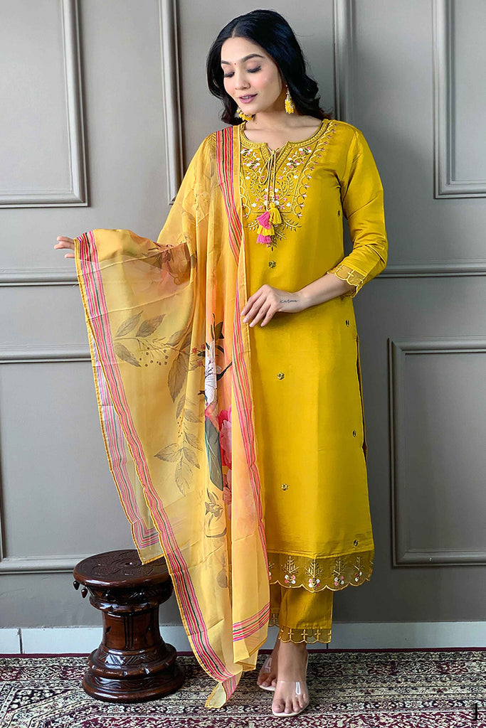 Winning Yellow Embroidered Chanderi Haldi Wear Pant Suit With Dupatta