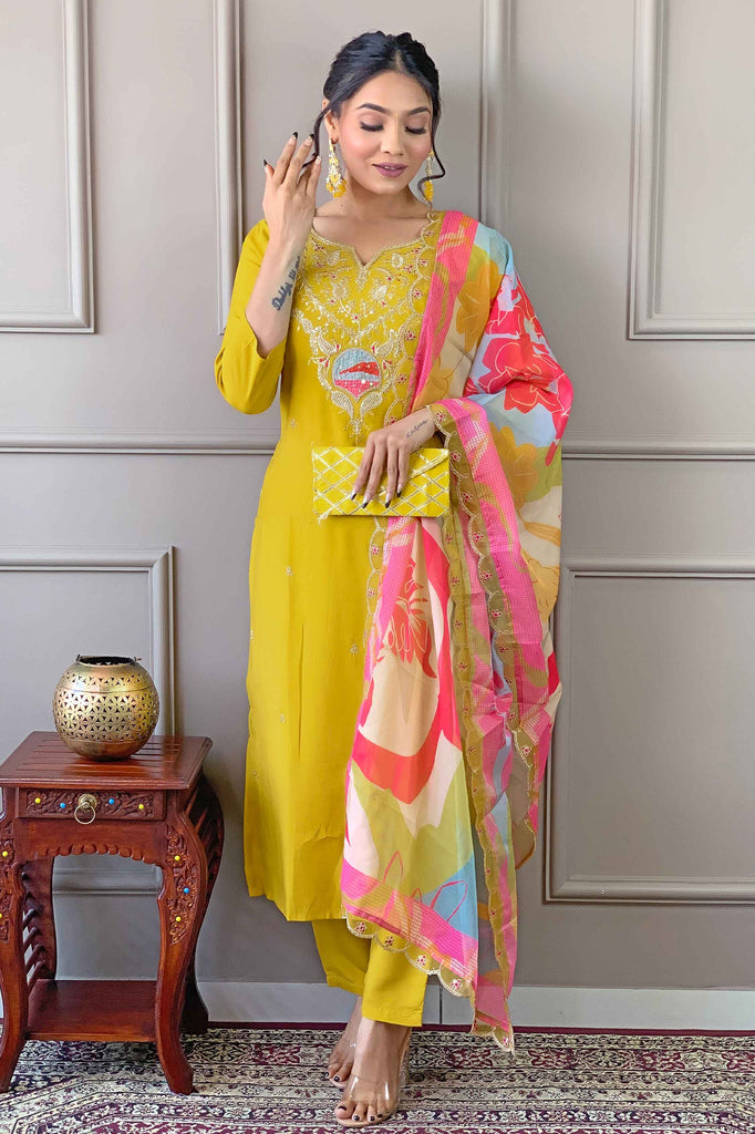 Tempting Yellow Embroidered Viscose Event Wear Pant Suit With Dupatta