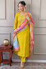 Tempting Yellow Embroidered Viscose Event Wear Pant Suit With Dupatta