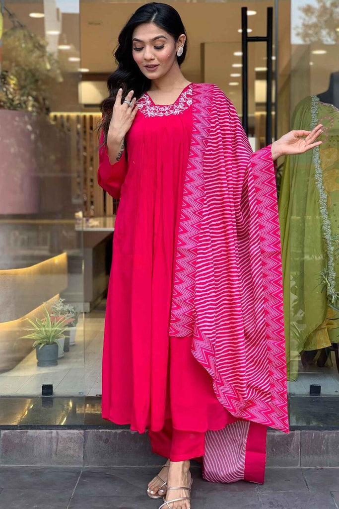 Beautiful Pink Thread Work Silk Traditional Pant Suit With Dupatta