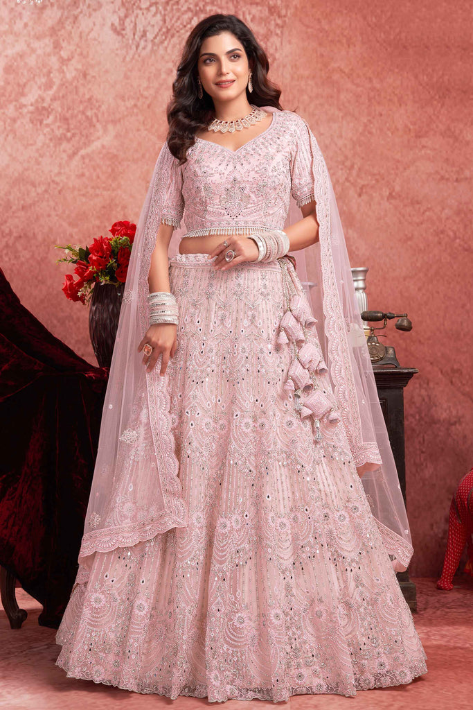 Fabulous Baby Pink Mirror Work Net Bridal Wear Lehenga Choli