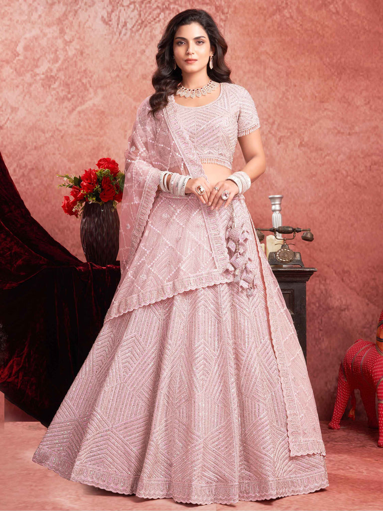 Dazzling Baby Pink Sequins Work Net Bridal Wear Lehenga Choli