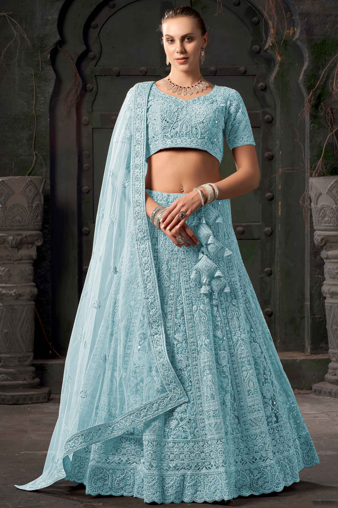 Beautiful Sky-Blue Zarkan Net Bridesmaid Lehenga Choli With Dupatta