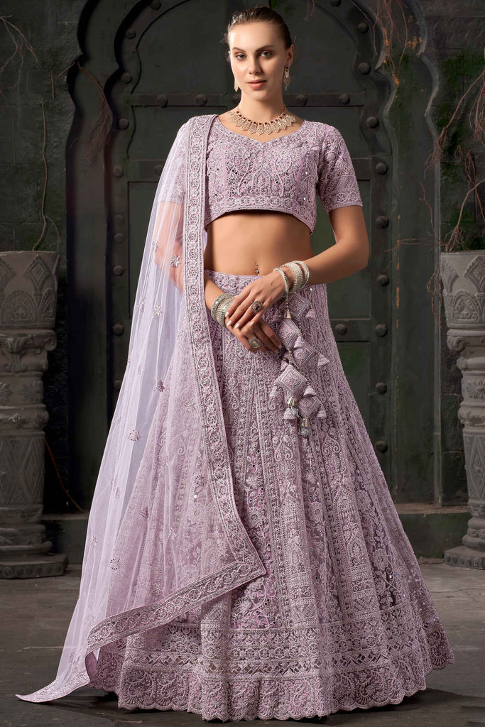 Attractive Lavender Zarkan Net Bridesmaid Lehenga Choli With Dupatta