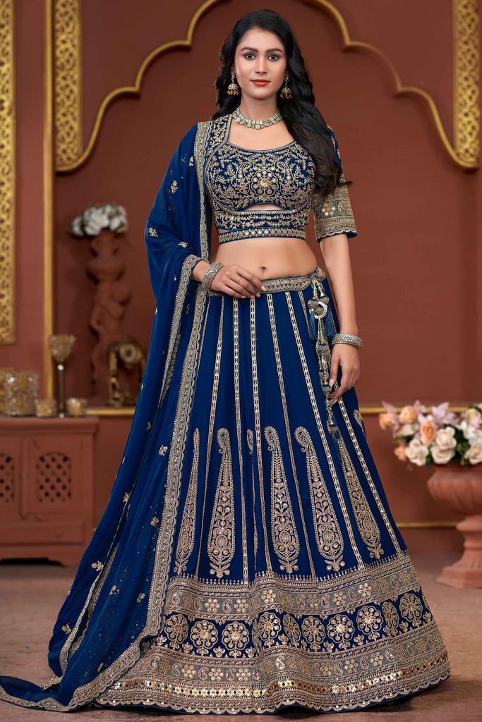 Attractive Navy-Blue Sequins Georgette Wedding Wear Lehenga Choli