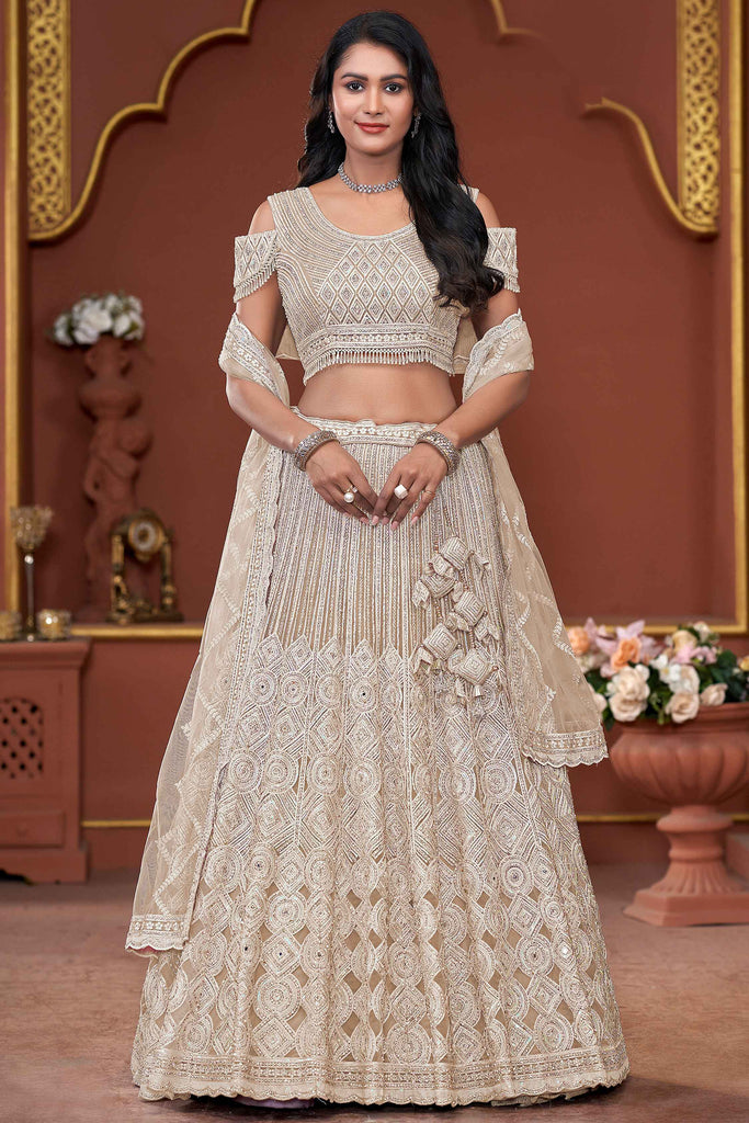 Spectacular Beige Zarkan Net Bridesmaid Lehenga Choli With Dupatta