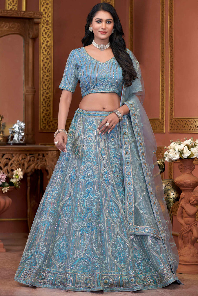 Wonderful Sky-Blue Zarkan Net Bridesmaid Lehenga Choli With Dupatta