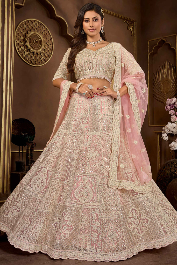 Precious Peach Sequins Work Net Engagement Wear Lehenga Choli