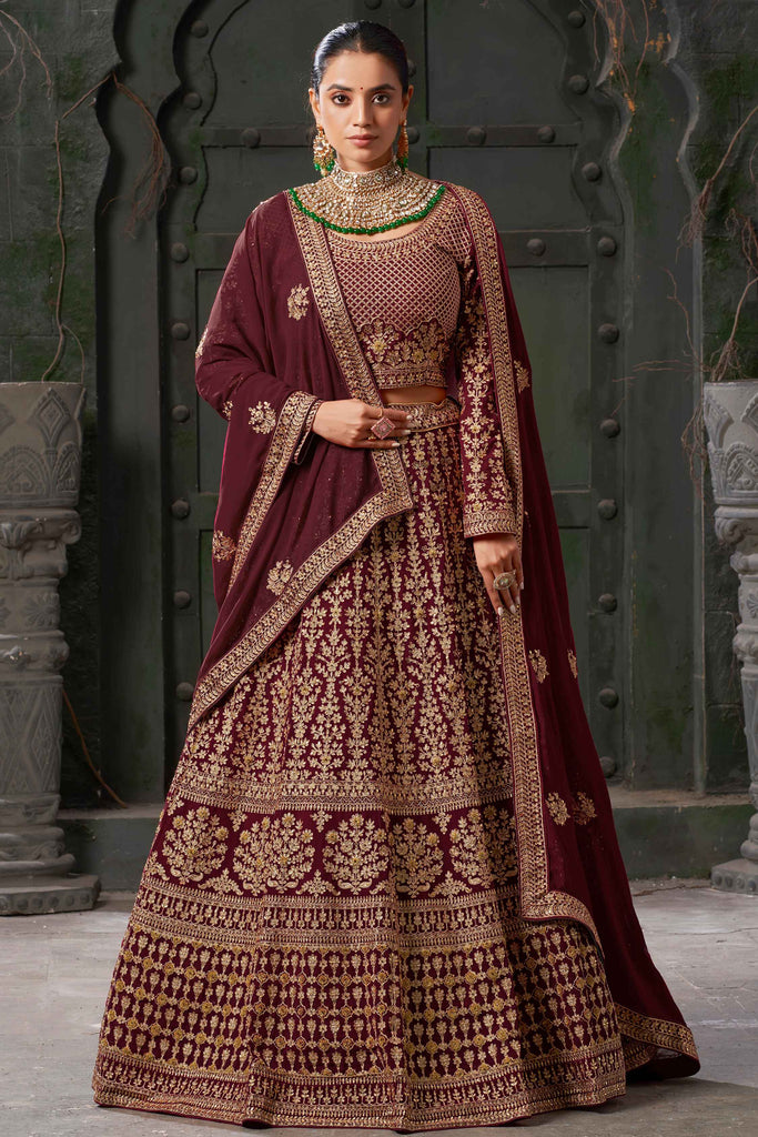 Spectacular Maroon Jarkan Work Georgette Bridal Lehenga Choli