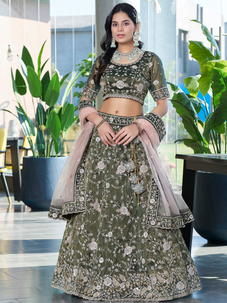 Gorgeous Olive Green Jarkan Work Silk Mehendi Wear Lehenga Choli