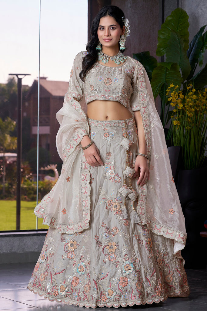 Wonderful Grey Jarkan Work Lehenga Choli With Organza Dupatta